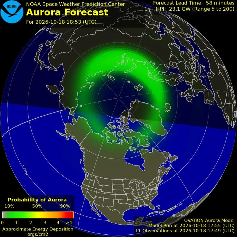 NOAA's live forecast map of the northern aurora