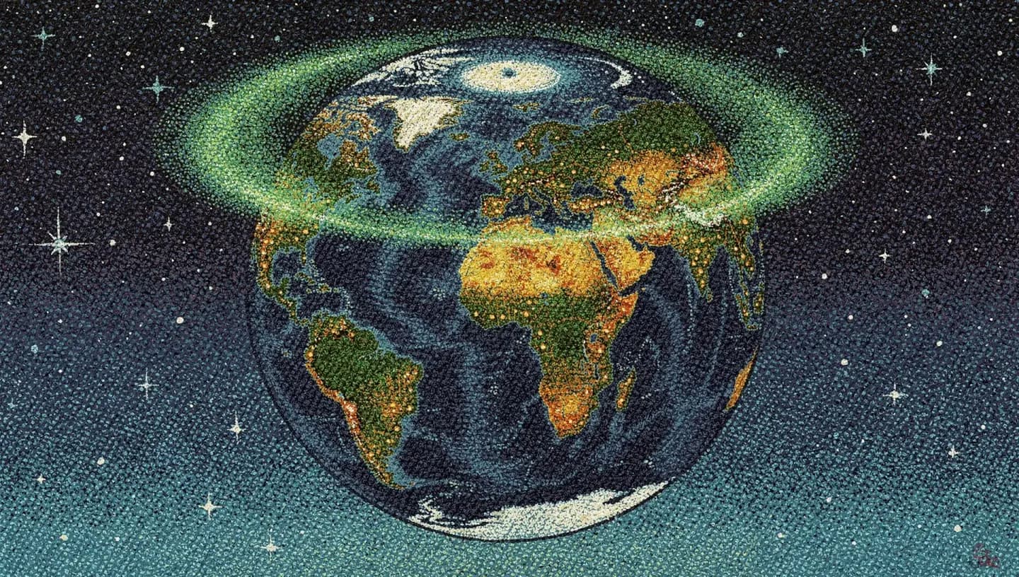 Illustration of the auroral oval glowing around the north pole seen from space