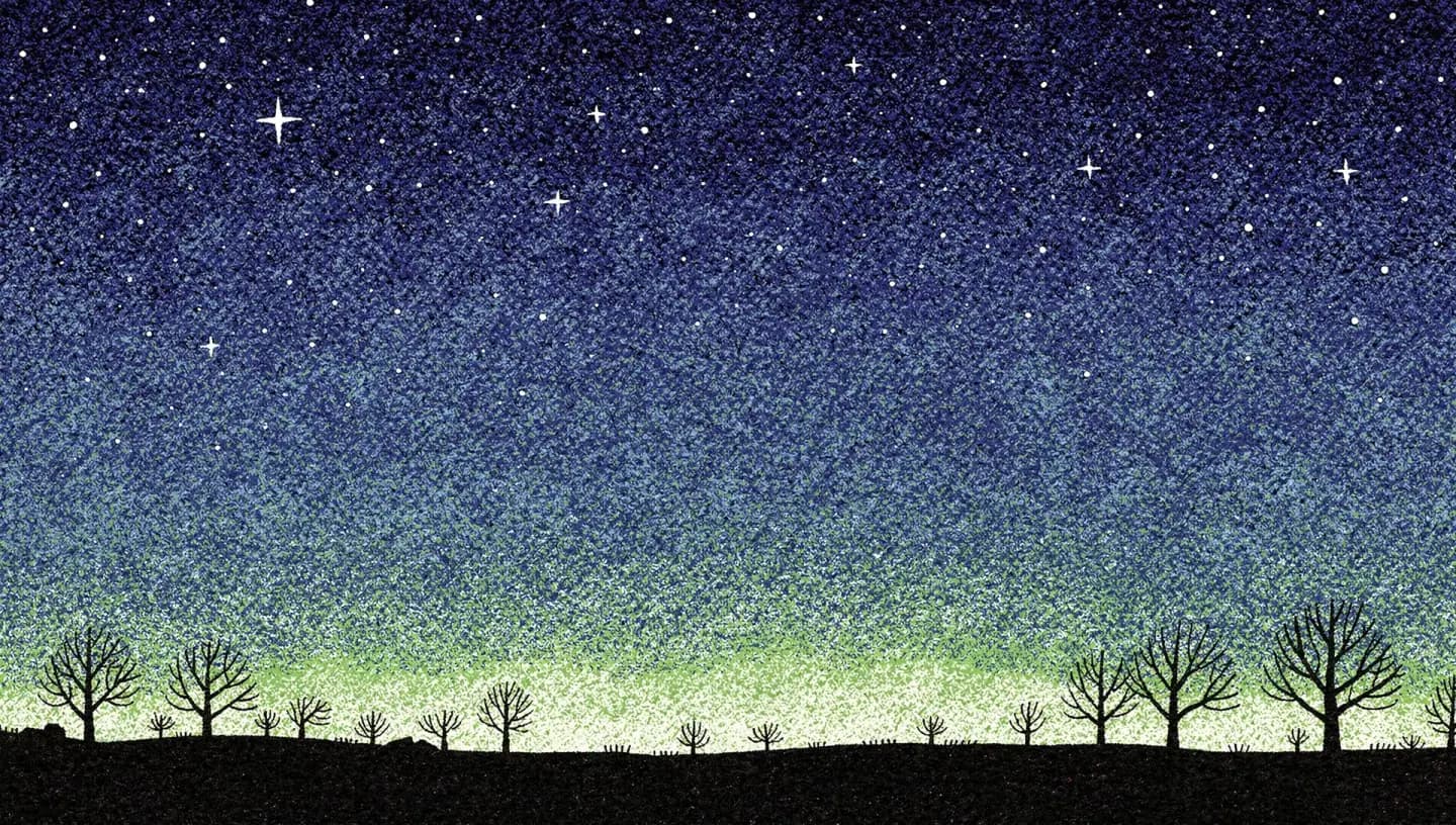 Illustration of a faint green aurora glow low on the horizon under a starry sky