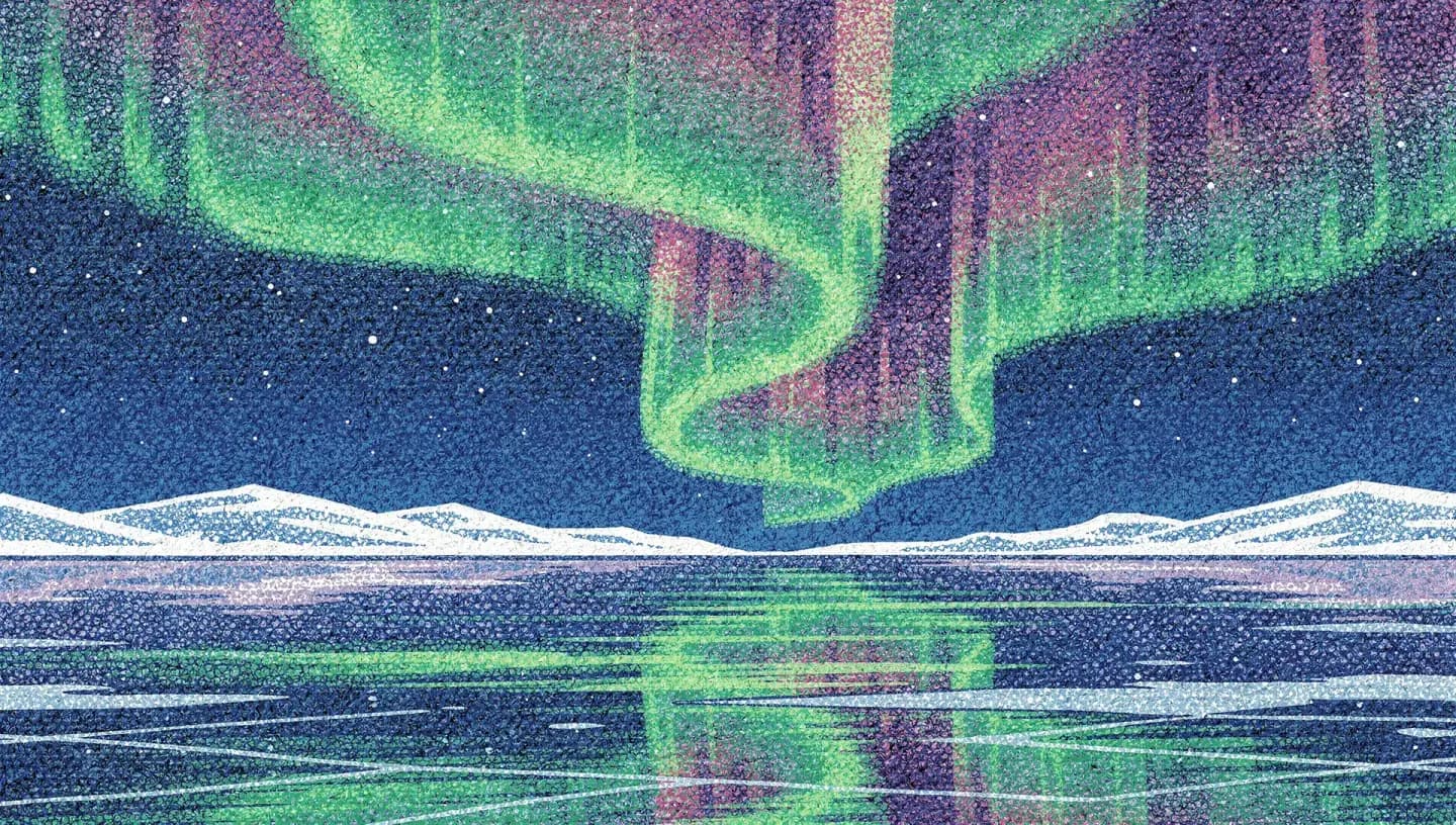 Illustration of aurora filling the sky in green and magenta curtains